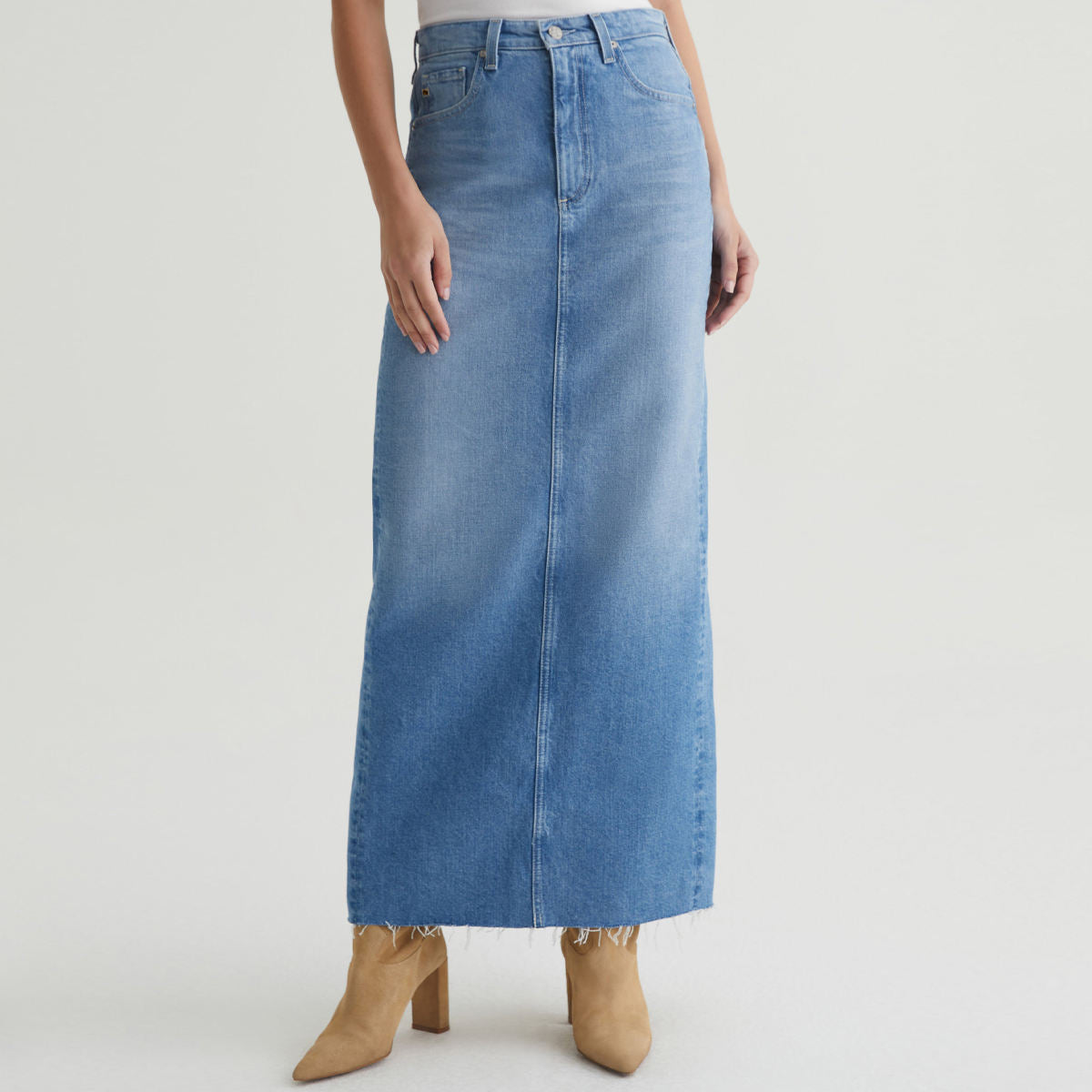 Vintage-tyylinen korkeavyötäröinen denim-midihame, jossa on halkio